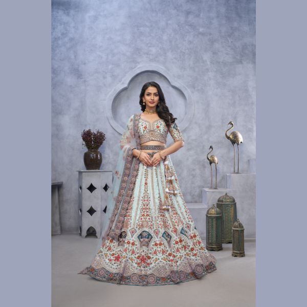 Stunning sky blue Lehenga with Zari Paisley Embroidery, Silk Patches, and Regal Peacock Motifs | Ready To Wear | - India shopping