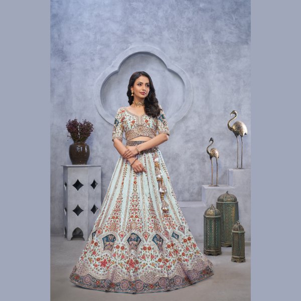 Stunning sky blue Lehenga with Zari Paisley Embroidery, Silk Patches, and Regal Peacock Motifs | Ready To Wear | - India shopping