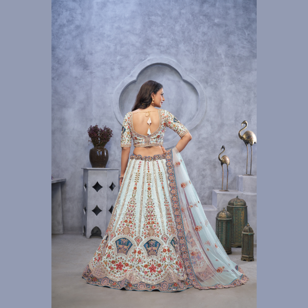 Stunning sky blue Lehenga with Zari Paisley Embroidery, Silk Patches, and Regal Peacock Motifs | Ready To Wear | - India shopping