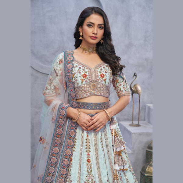 Stunning sky blue Lehenga with Zari Paisley Embroidery, Silk Patches, and Regal Peacock Motifs | Ready To Wear | - India shopping