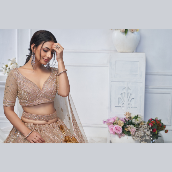 Alluring Brown Sequins Net Bridesmaid Lehenga Choli With Dupatta | Ready To Wear | - India shopping