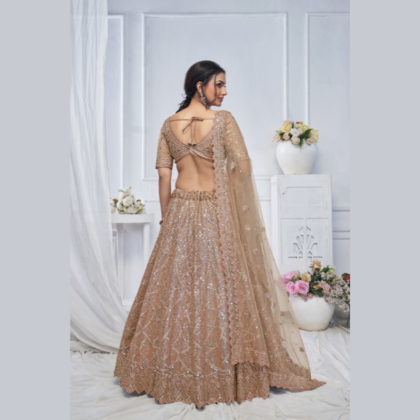 Alluring Brown Sequins Net Bridesmaid Lehenga Choli With Dupatta | Ready To Wear | - India shopping