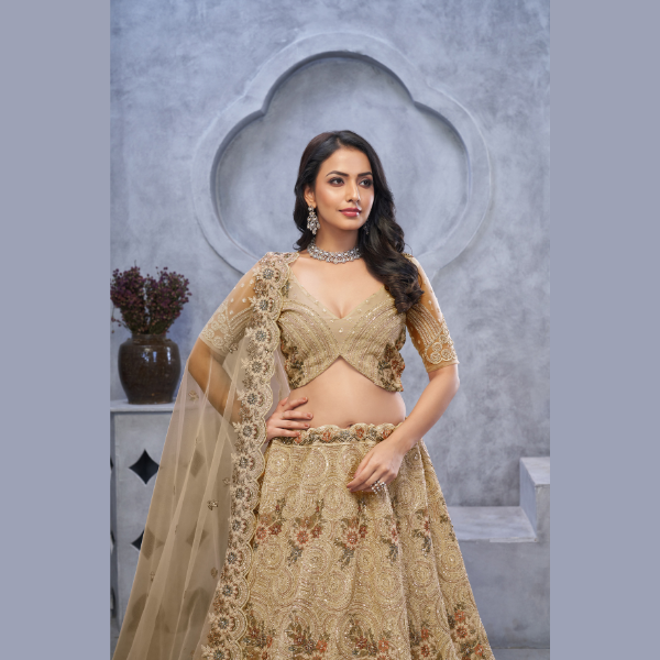 Alluring Bel Butti pattern Golden Sangeet Lehenga Choli | Ready To Wear | - India shopping