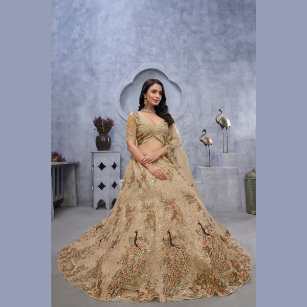 Alluring Bel Butti pattern Golden Sangeet Lehenga Choli | Ready To Wear | - India shopping