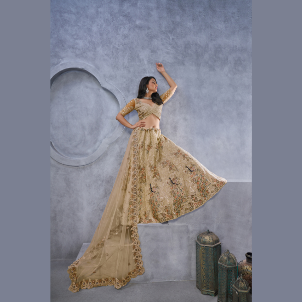 Alluring Bel Butti pattern Golden Sangeet Lehenga Choli | Ready To Wear | - India shopping