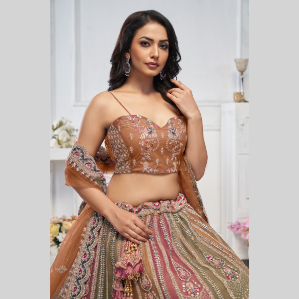 Majestic Musatrd Zari Weaving Net Lehenga Choli With Dupatta | Ready To Wear | - India shopping