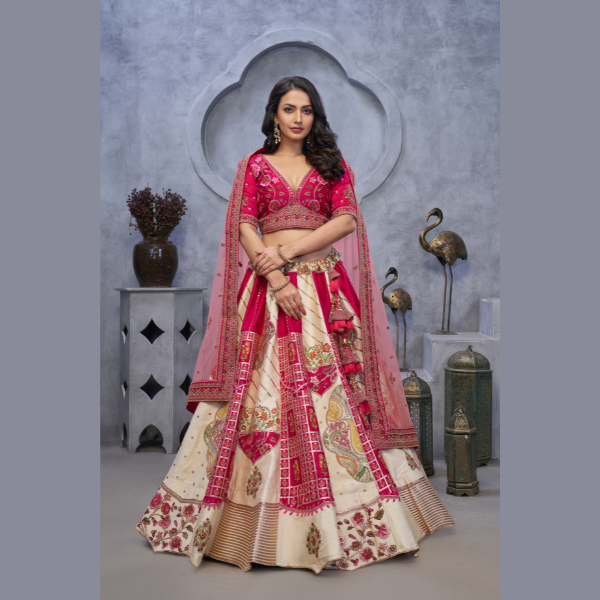 Regal Elegance: The Red and White Masterpiece Lehenga with Paisley Motifs and Sheer Pink Dupatta | Ready To Wear | - India shopping
