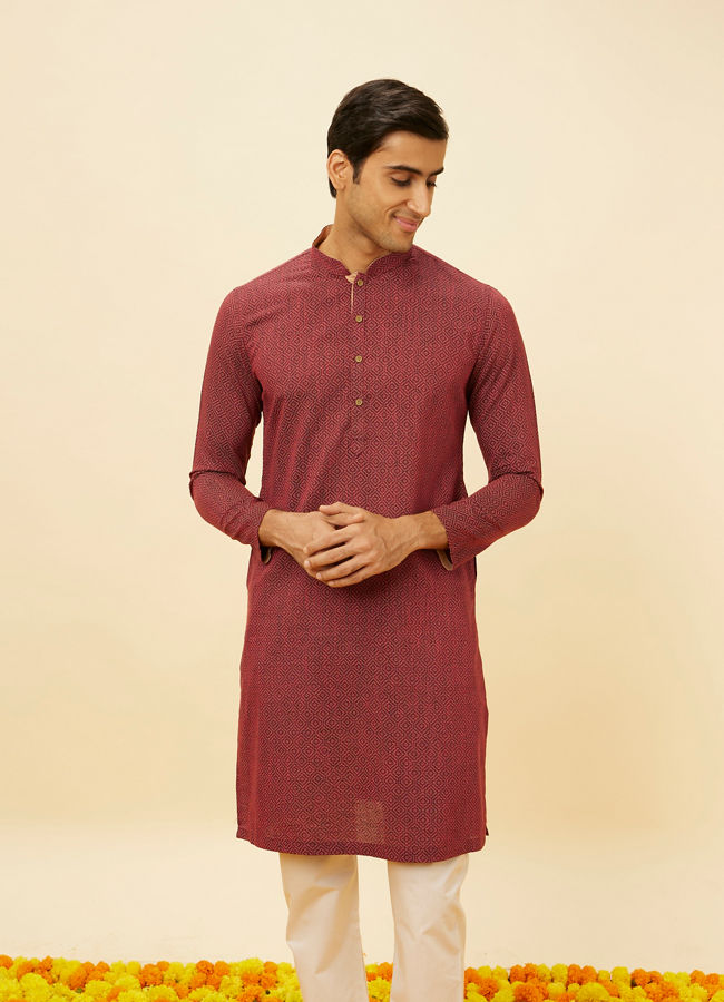 Manyawar Marsala Red Diamond Printed Kurta Set - India shopping
