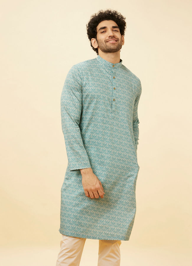 Manyawar Teal Blue Imperial Printed Kurta Set - India shopping