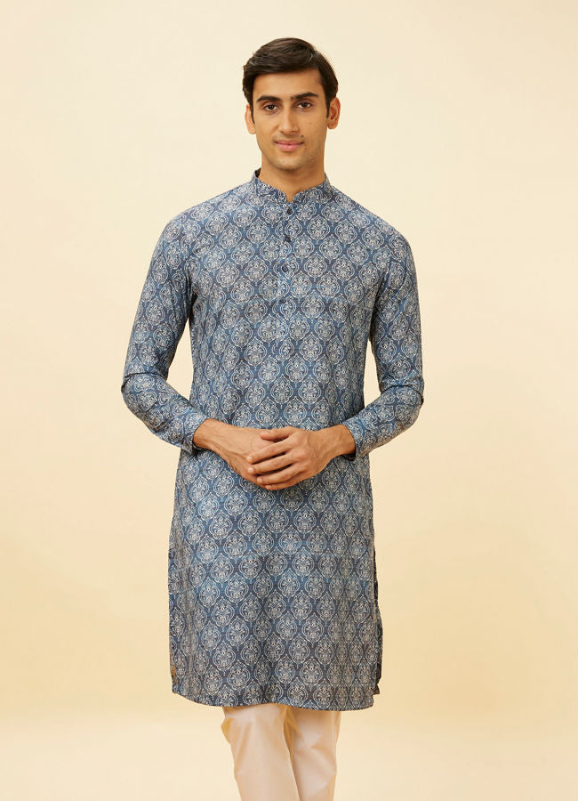 Manyawar Royal Blue Shankh Motif Printed Kurta Set - India shopping
