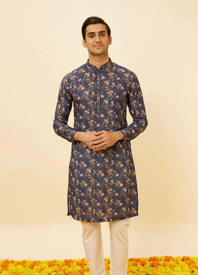 Manyawar Royal Blue Botanical Printed Kurta Set - India shopping
