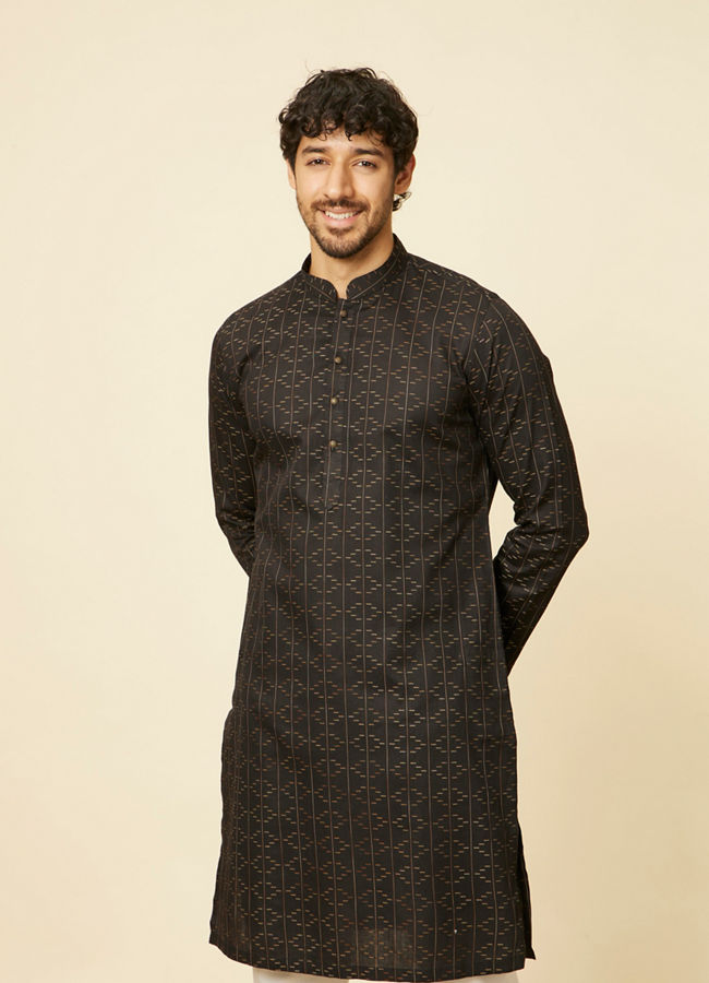 Manyawar Ebony Black Linear Patterned Kurta Set - India shopping