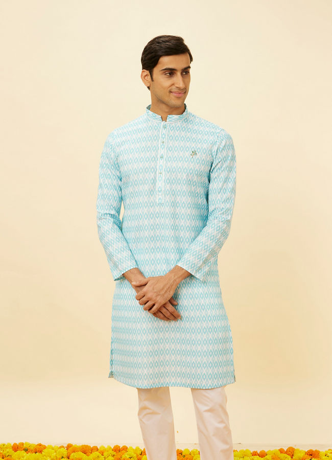 Manyawar Aquamarine Blue Harlequin Printed Kurta Set - India shopping