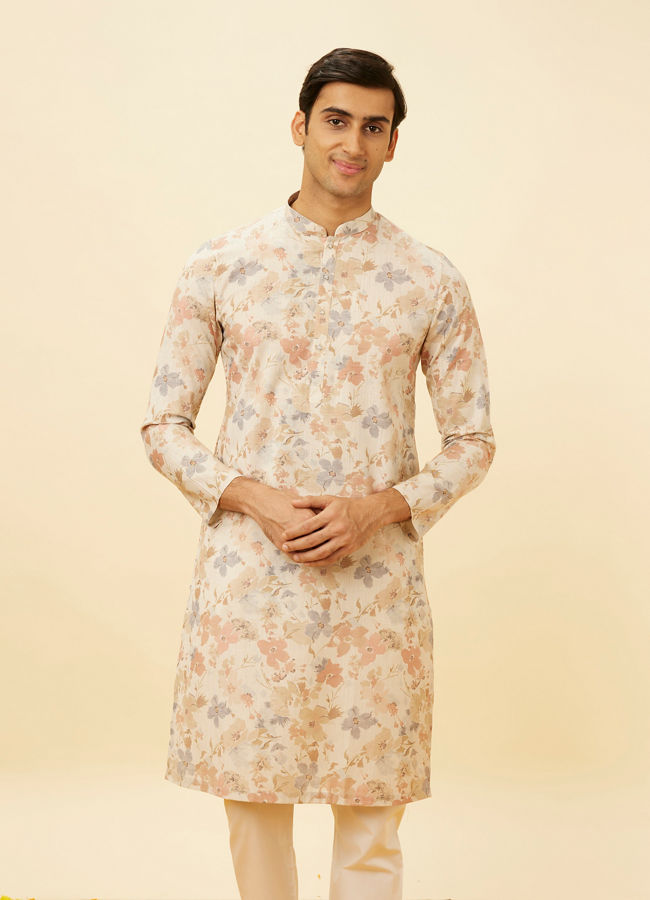 Manyawar Cream Beige Floral Printed Kurta Set - India shopping