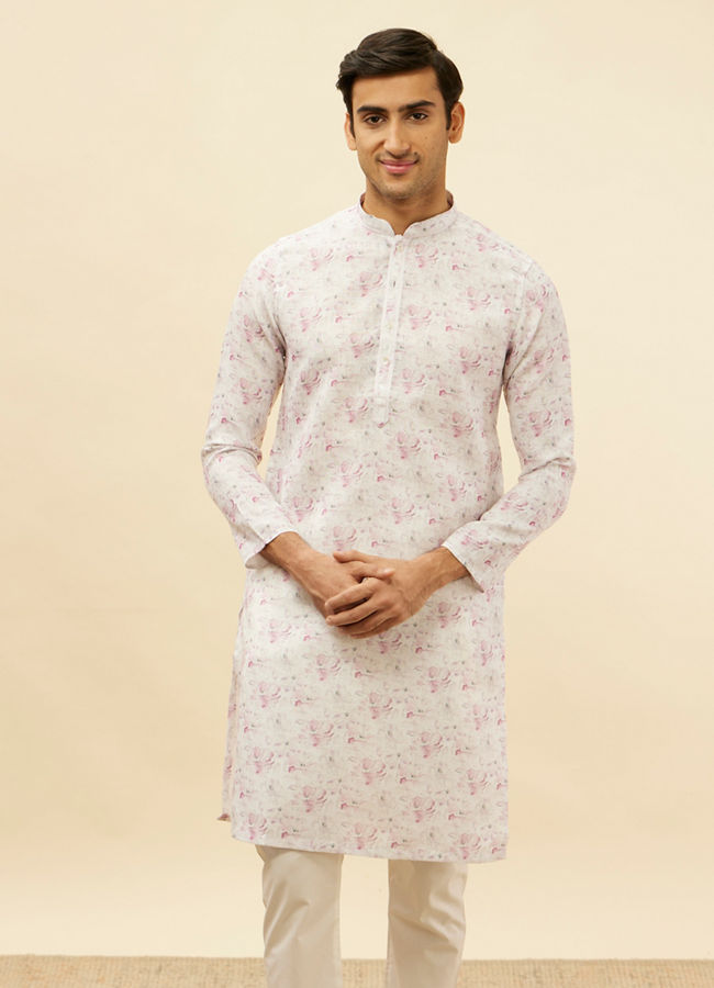 Manyawar Soft White Floral Print Kurta Set - India shopping