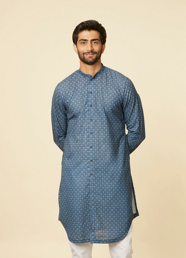 Manyawar Teal Blue Bel Buti Patterned Kurta Set - India shopping