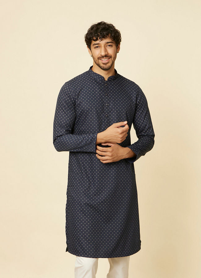 Manyawar Dark Blue Ditsy Triangular Print Kurta Set - India shopping