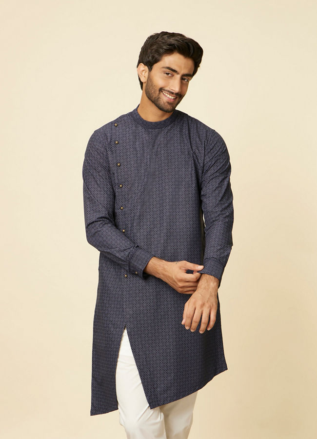 Manyawar Midnight Blue Grid Patterned Kurta Set - India shopping