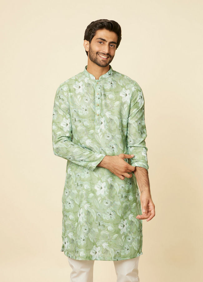 Manyawar Light Mid Green Floral Printed Kurta Set - India shopping