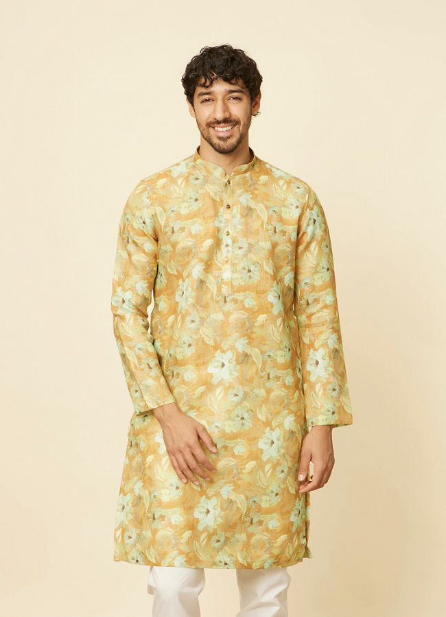 Manyawar Mustard Gold Floral Printed Kurta Set - India shopping