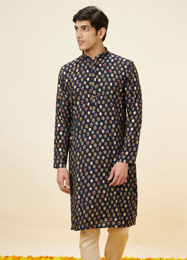 Manyawar Navy Blue Abstract Printed Kurta - India shopping
