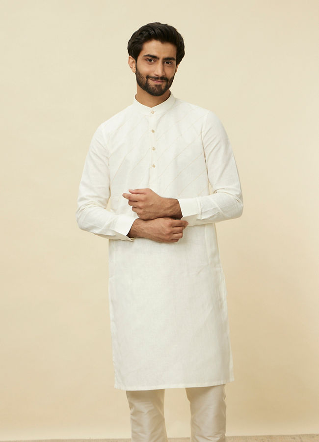 Manyawar Pearled Ivory White Diagonal Print Kurta - India shopping