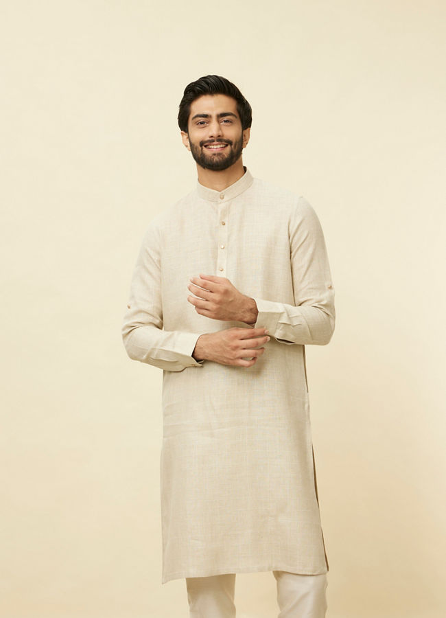 Manyawar Biscuit Beige Square Grid Printed Kurta - India shopping