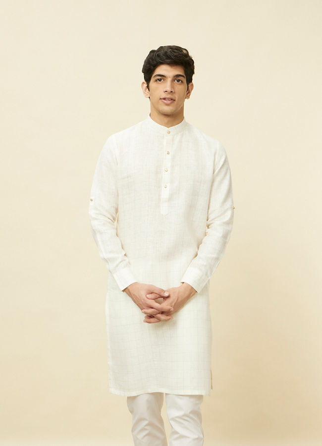 Manyawar Warm White Square Grid Printed Kurta - India shopping