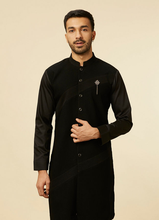 Manyawar Black Striped Patterned Kurta - India shopping