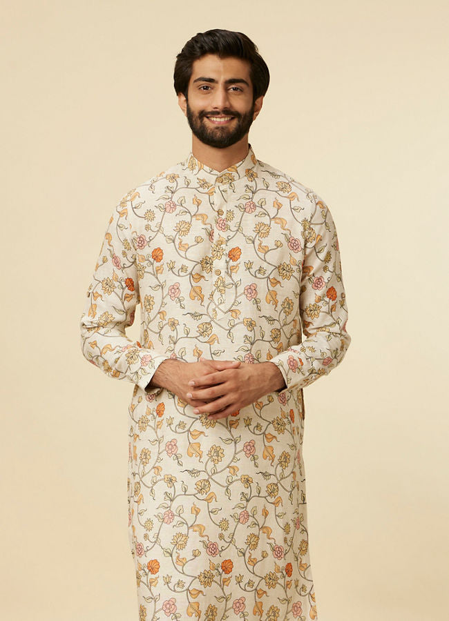 Manyawar Beige Bel Buti Patterned Kurta - India shopping