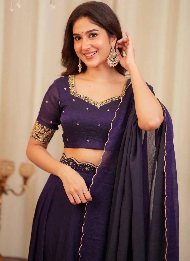 Purple Diamond Crush Silk Lehenga Choli With Chain Stitch | Ready To Wear