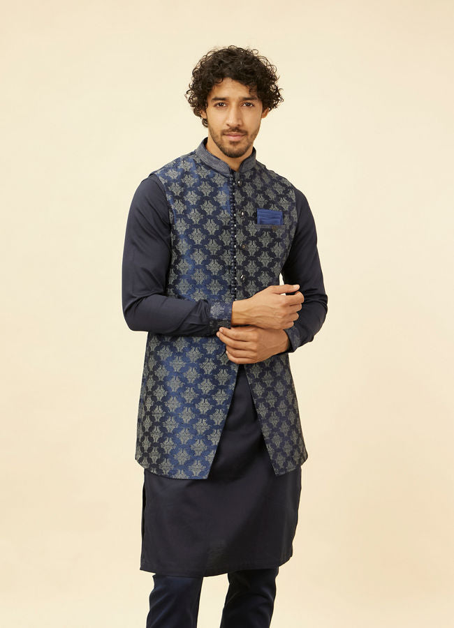 Manyawar Navy Blue Imperial Jaal Patterned Kurta Jacket Set - India shopping