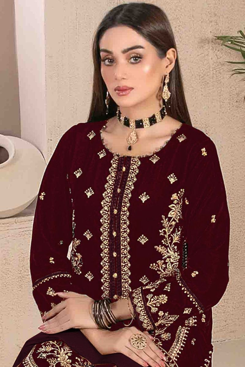 Velvet Suit With Embroidery Work | Ready To Wear