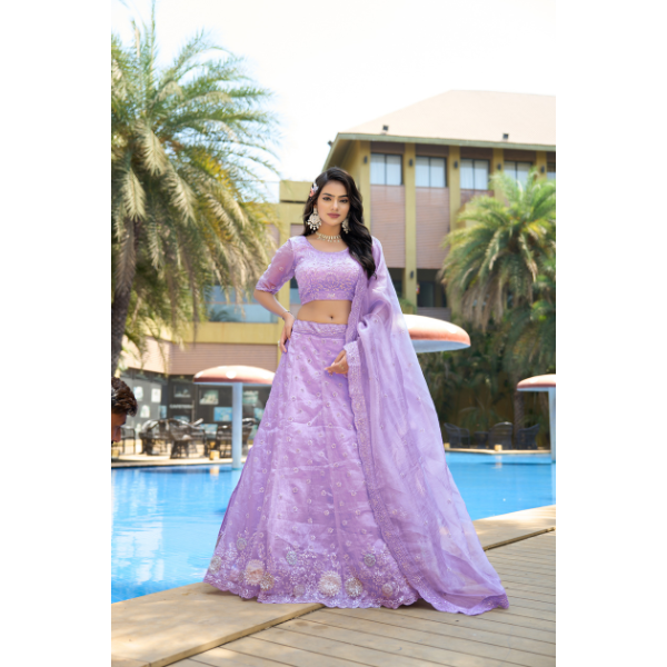 Lavender Dream: Pure Organza Bridal Lehenga Set with Zarkan & Sequin Work | Ready To Wear| Code- 5052
