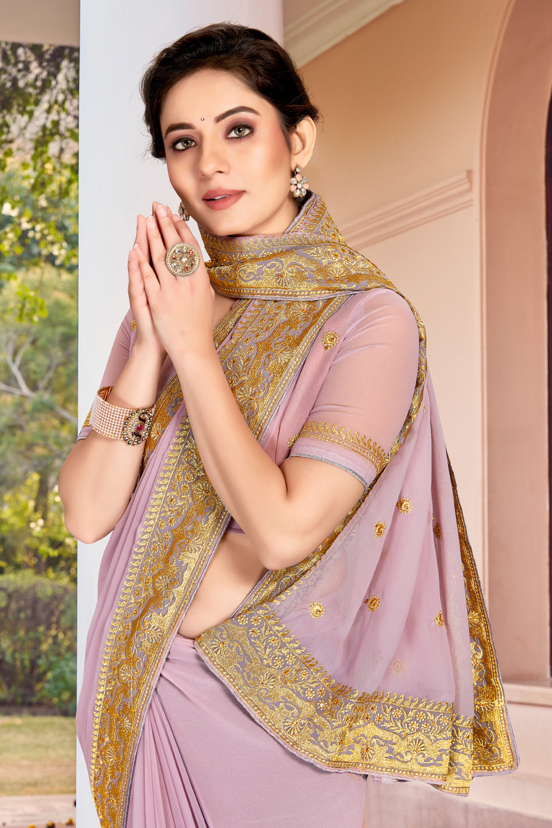 Lavender Heavy Jari Embroidered Ready-to-Wear Wedding Saree