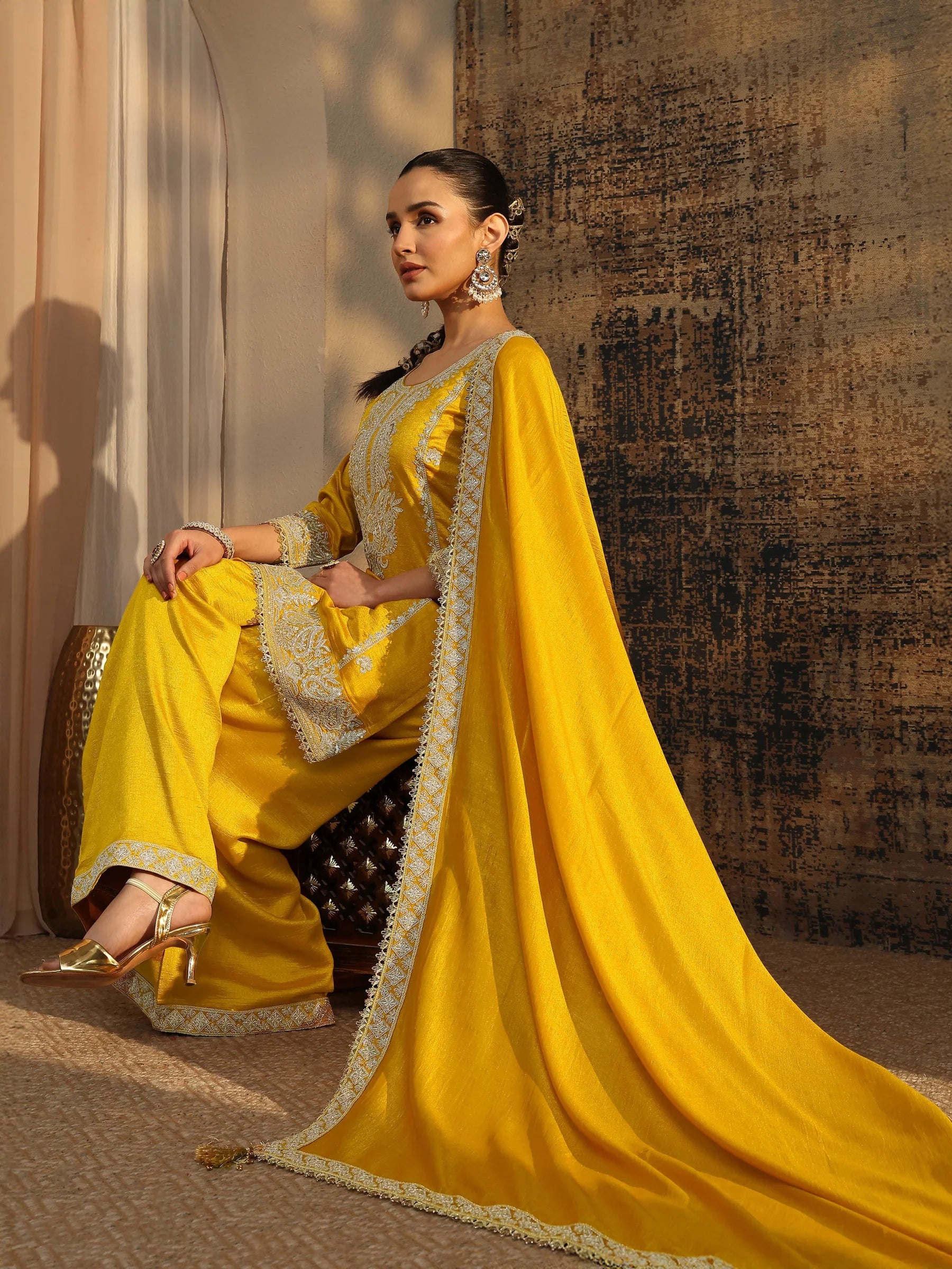 Libas Art Mustard Embroidered Organza Straight Suit Set With Dupatta | Ready To Wear