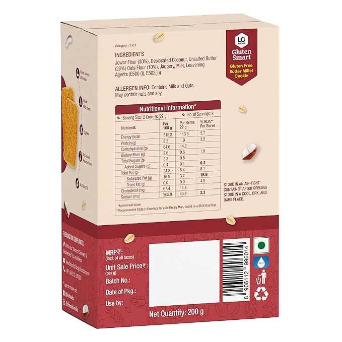 Lo! Foods Gluten Free Butter Millet Cookies Biscuit| 200 gms
