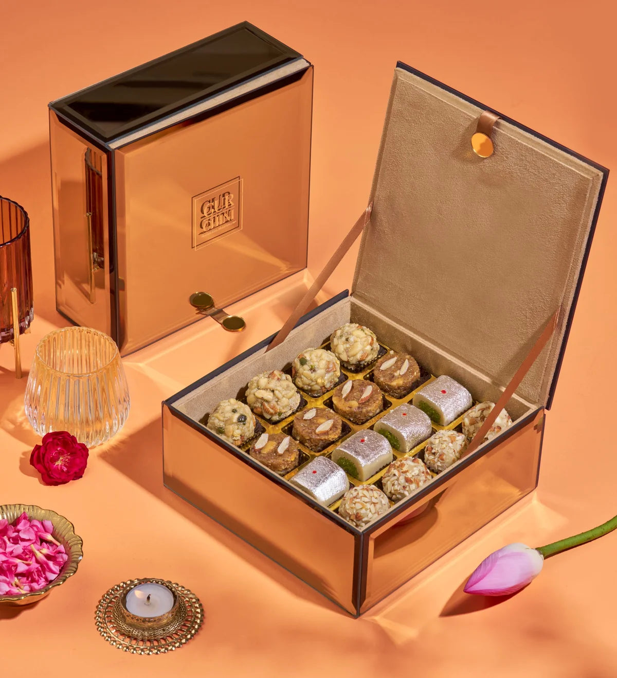 Gur Chini Luxury Orange Glass Top 16 Cavities Box