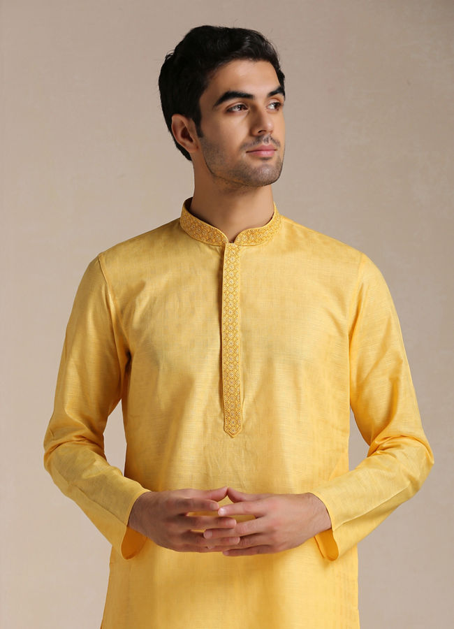 Manyawar Squash Yellow Patterned Placket Kurta Set - India shopping
