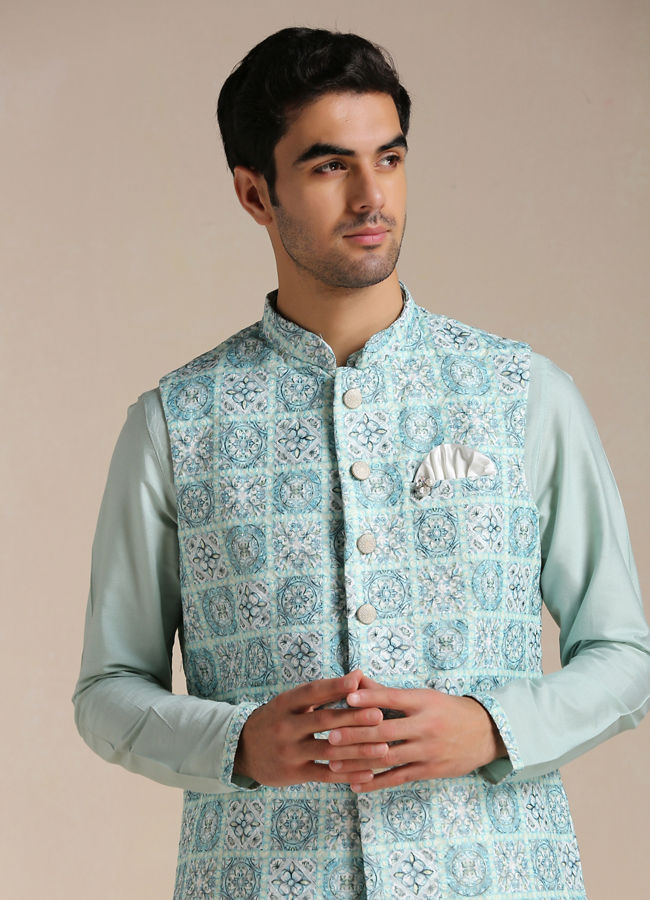 Manyawar Tropical Blue Kurta Jacket Set - India shopping