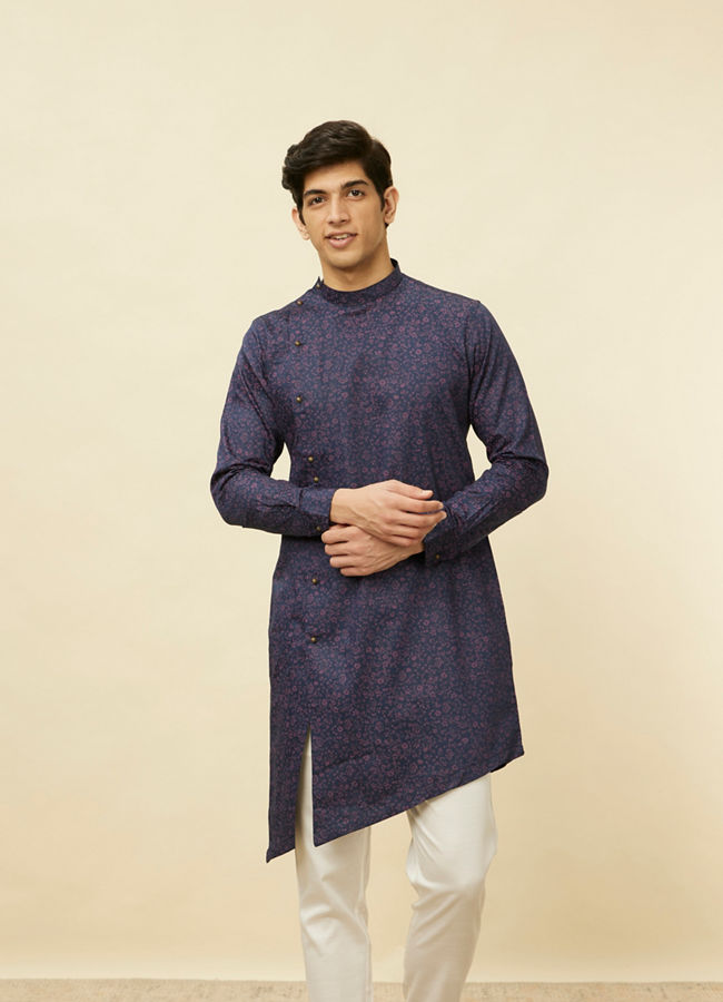 Manyawar Deep Blue Angrakha Style Kurta - India shopping