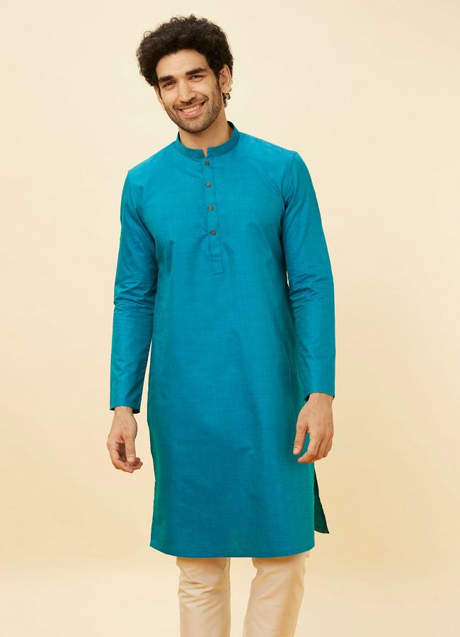Manyawar Teal Green Self Striped Kurta - India shopping