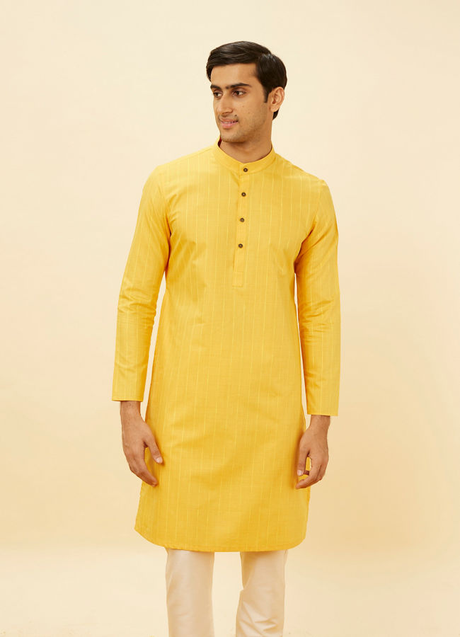 Manyawar Tuscan Yellow Self Striped Kurta - India shopping