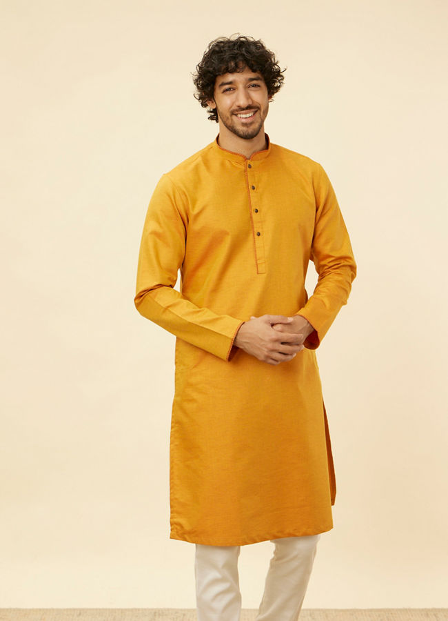 Manyawar Mustard Yellow Contrast Piping Kurta - India shopping