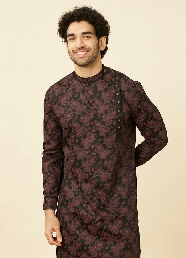 Manyawar Midnight Black Floral Patterned Angrakha Style Kurta - India shopping