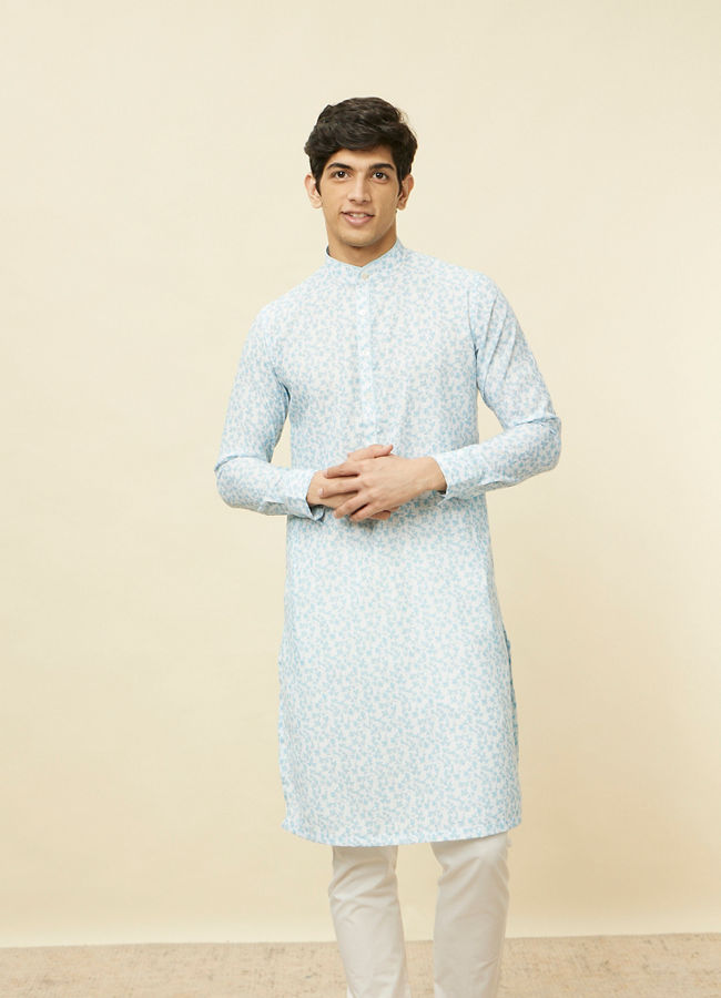 Manyawar Aqua Blue Bel Buti Printed Kurta - India shopping