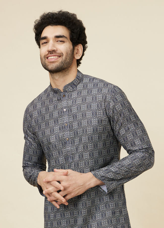 Manyawar Steel Blue Ogee Patterned Kurta - India shopping