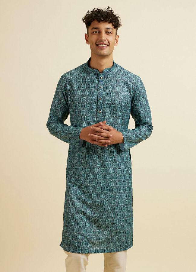 Manyawar Teal Green Ogee Patterned Kurta - India shopping