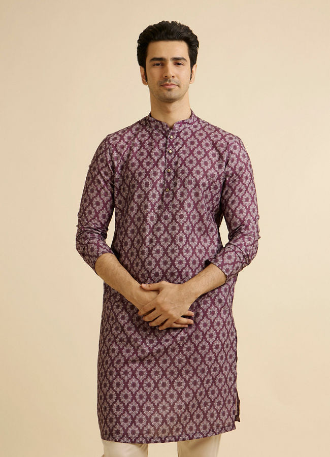 Manyawar Wine Jaal and Medallion Patterned Kurta - India shopping