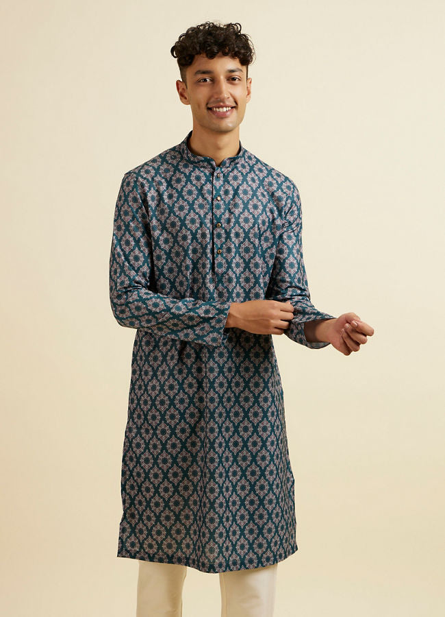 Manyawar Teal Green Jaal and Medallion Patterned Kurta - India shopping